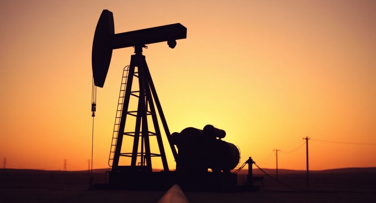 Oil pumpjack silhouette at sunset representing crude oil production and energy markets