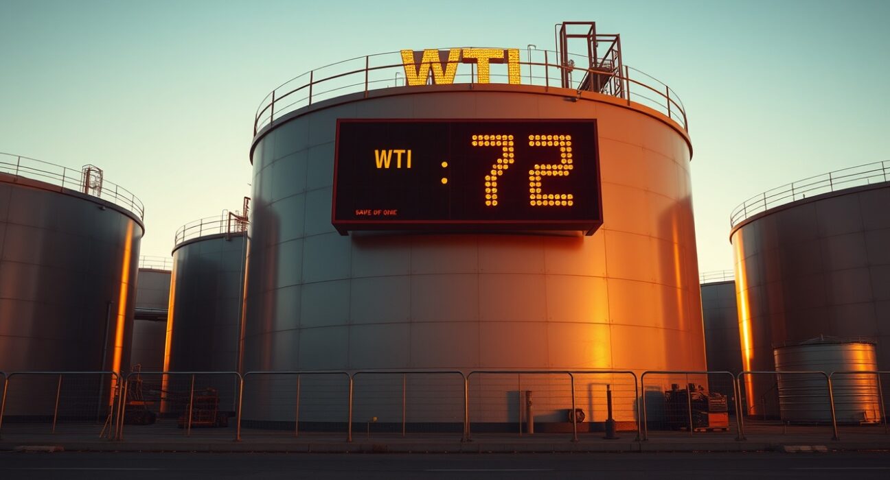 Oil storage tanks at sunset with WTI price ticker showing below $72