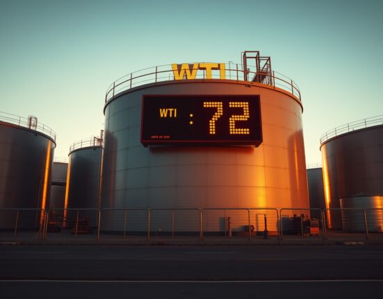 Oil storage tanks at sunset with WTI price ticker showing below $72