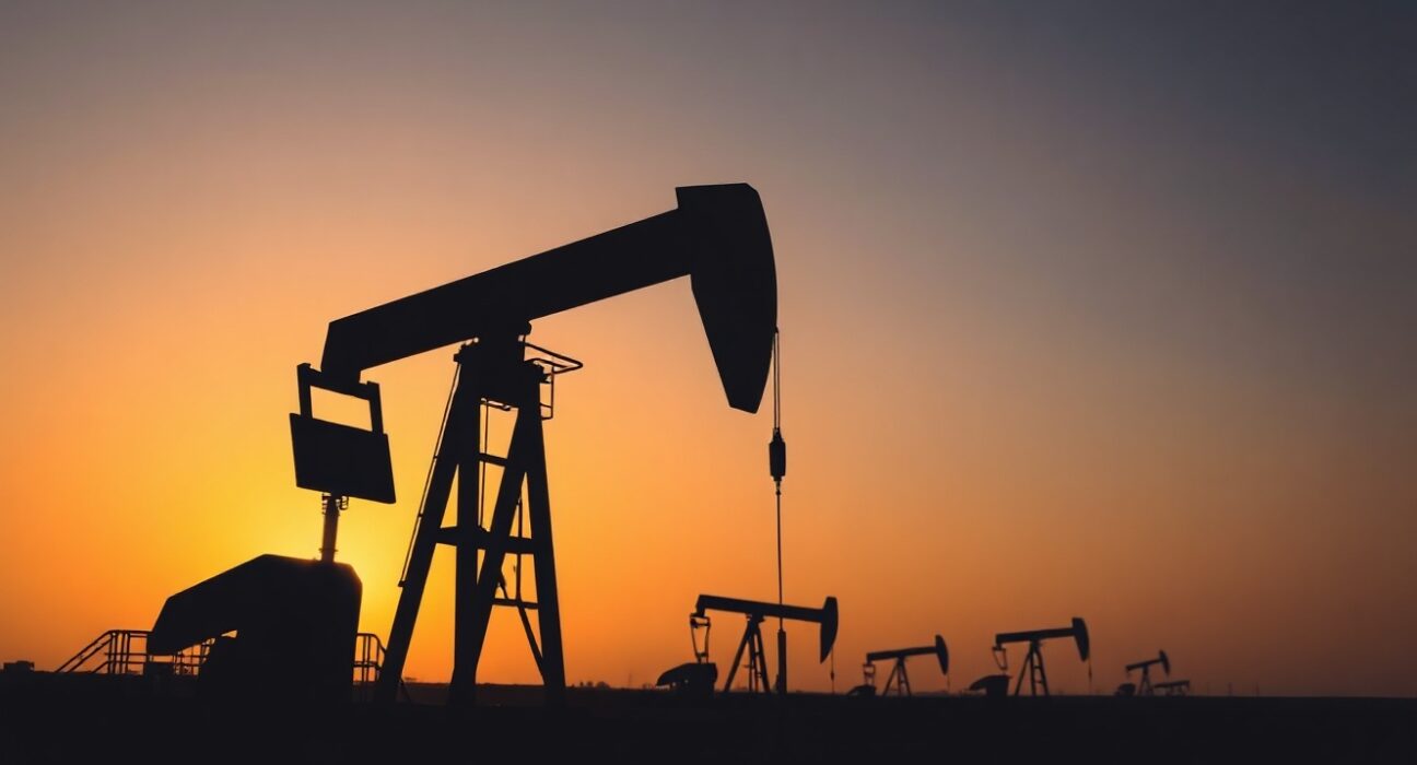Oil pumpjack silhouetted against sunset over an oil field, representing WTI crude market stability