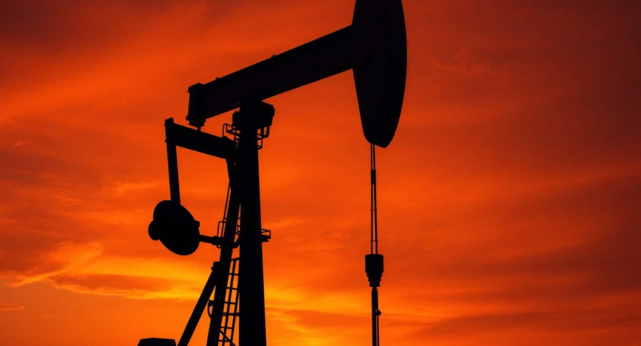 Oil pumpjack silhouetted against a dramatic sunset sky representing geopolitical oil price surge