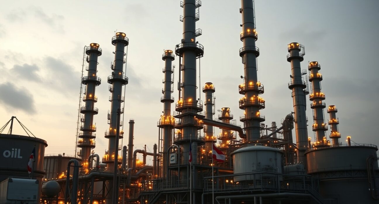 Oil refinery at dusk with international flags, representing geopolitical tension and rising oil prices.