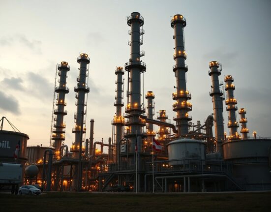 Oil refinery at dusk with international flags, representing geopolitical tension and rising oil prices.