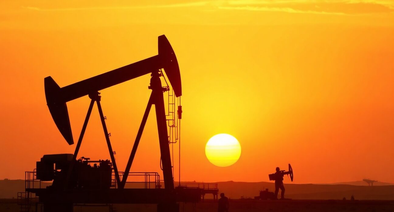 Oil pumpjack silhouette against smoky sunset sky, representing geopolitical risk to crude supply
