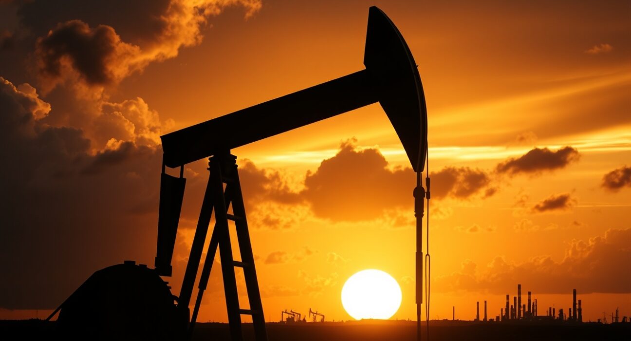 Oil pumpjack silhouette at sunset with storm clouds symbolizing geopolitical tension and surging crude prices