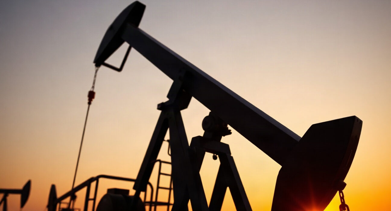 Oil pump jack silhouetted at sunset, symbolizing WTI crude supply concerns.
