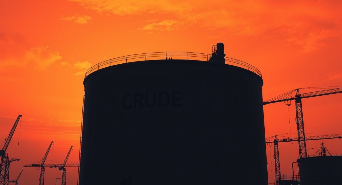 Oil storage tanks at sunset under dramatic sky symbolizing supply fears from Iran tensions