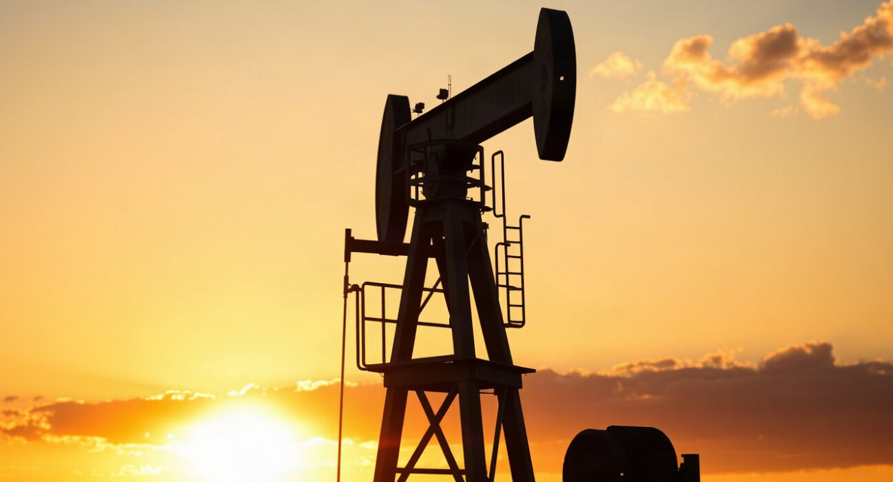 Oil pumpjack silhouetted against sunset, representing WTI crude price rise amid US-Iran tensions