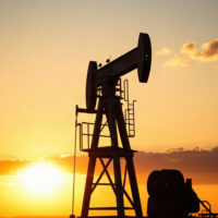 Oil pumpjack silhouetted against sunset, representing WTI crude price rise amid US-Iran tensions
