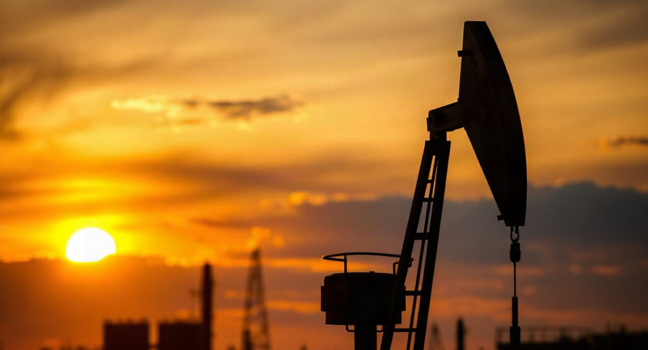 Oil pumpjack silhouetted against sunset, representing rising WTI crude prices amid US-Iran tensions.