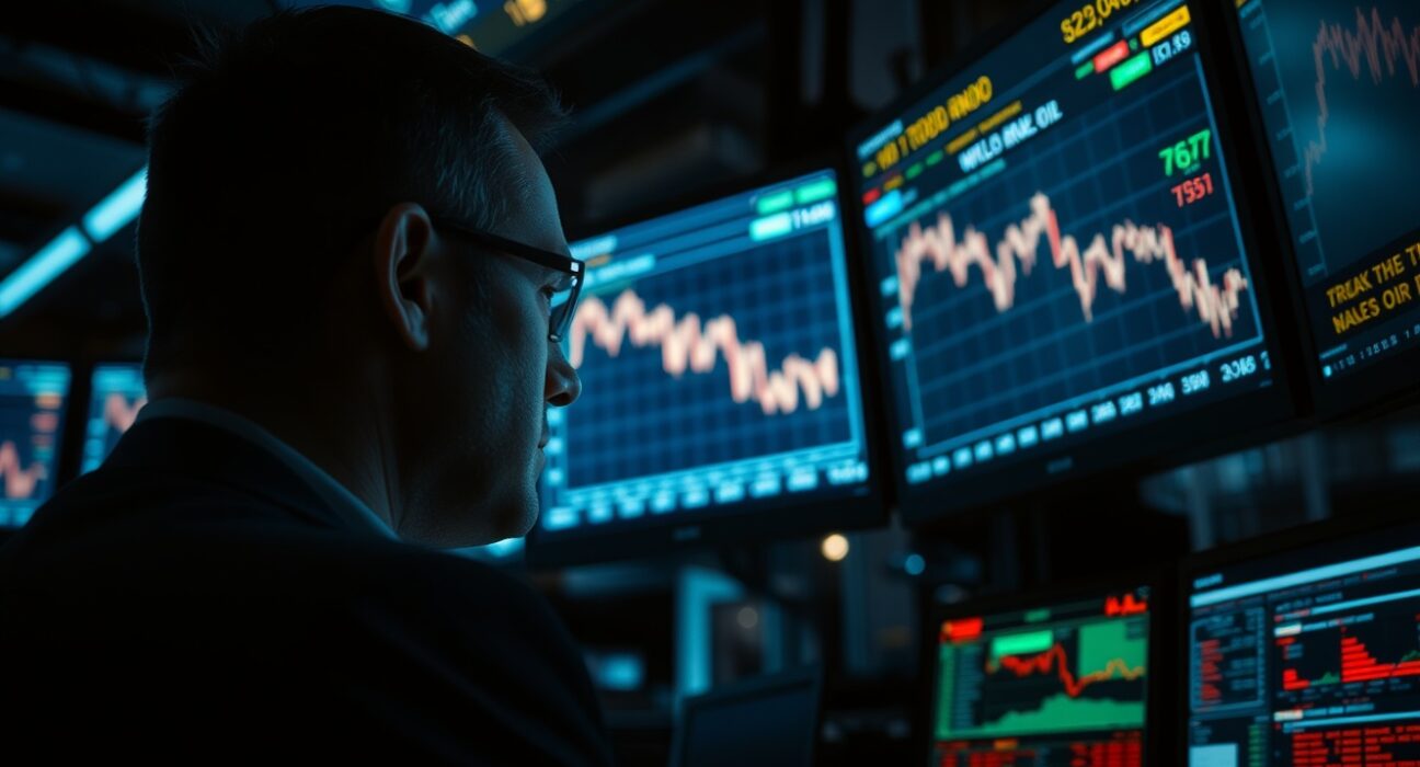 Trader monitoring WTI crude oil price drop on screens after Trump cancels Iran strikes