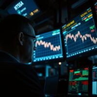 Trader monitoring WTI crude oil price drop on screens after Trump cancels Iran strikes
