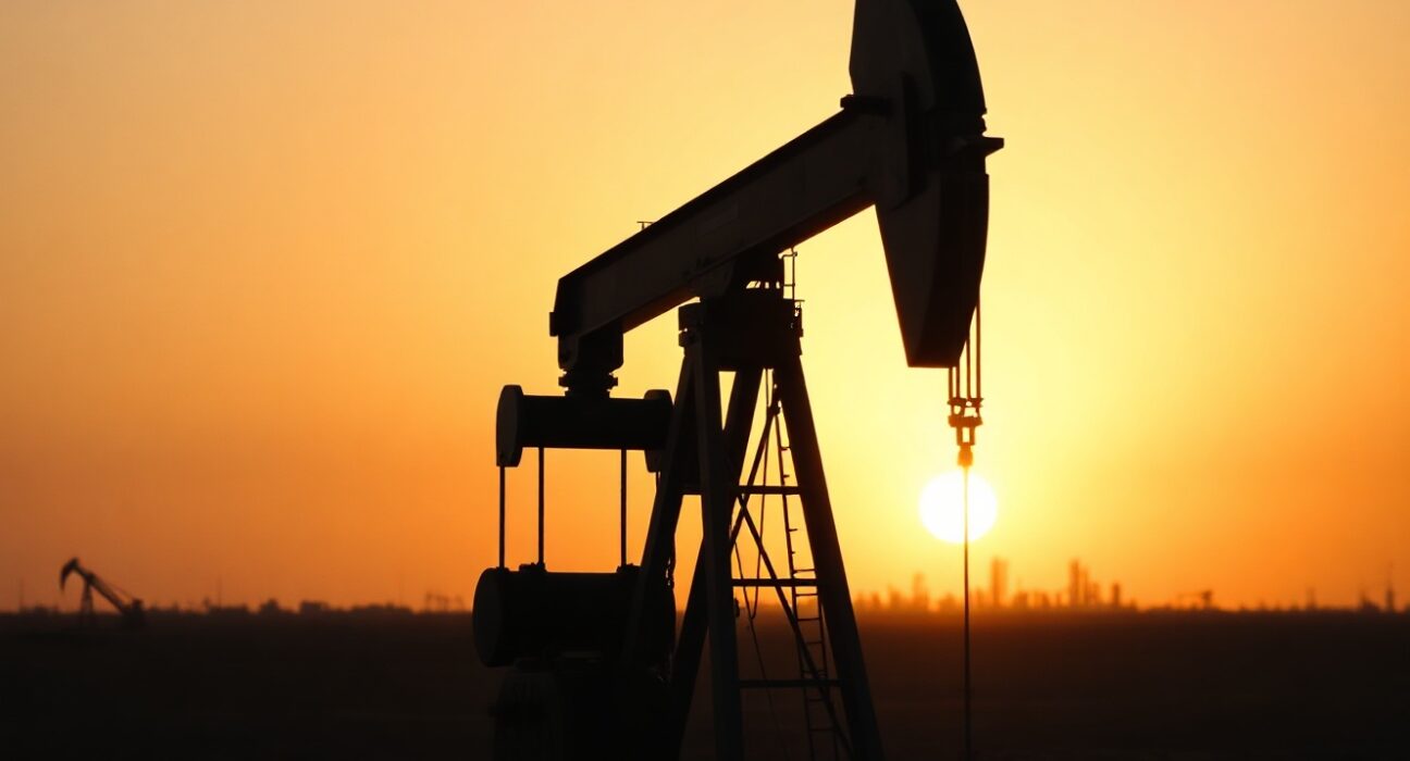 Oil pumpjack silhouetted against sunset sky representing WTI crude oil price decline amid US-Iran nuclear talks