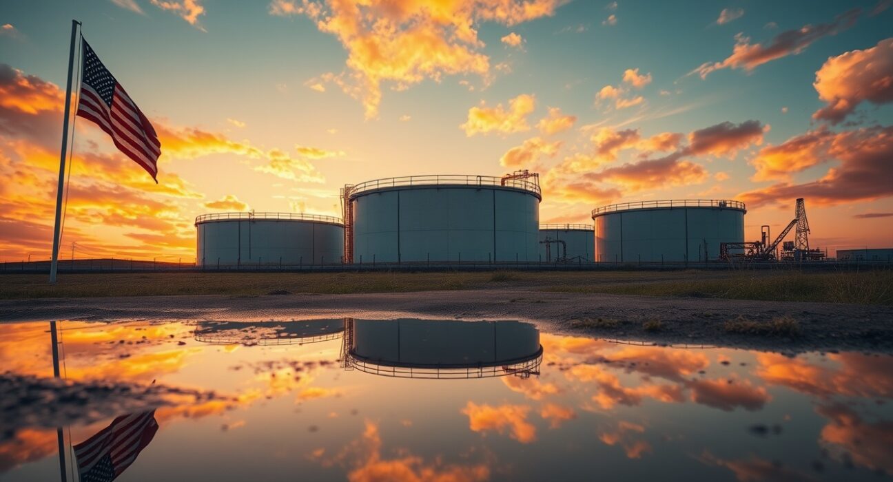 Oil storage tanks at sunset with US and Iranian flag reflections, representing geopolitical oil market tensions.