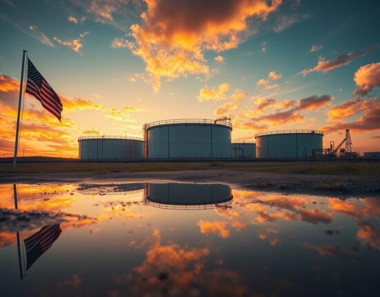 Oil storage tanks at sunset with US and Iranian flag reflections, representing geopolitical oil market tensions.