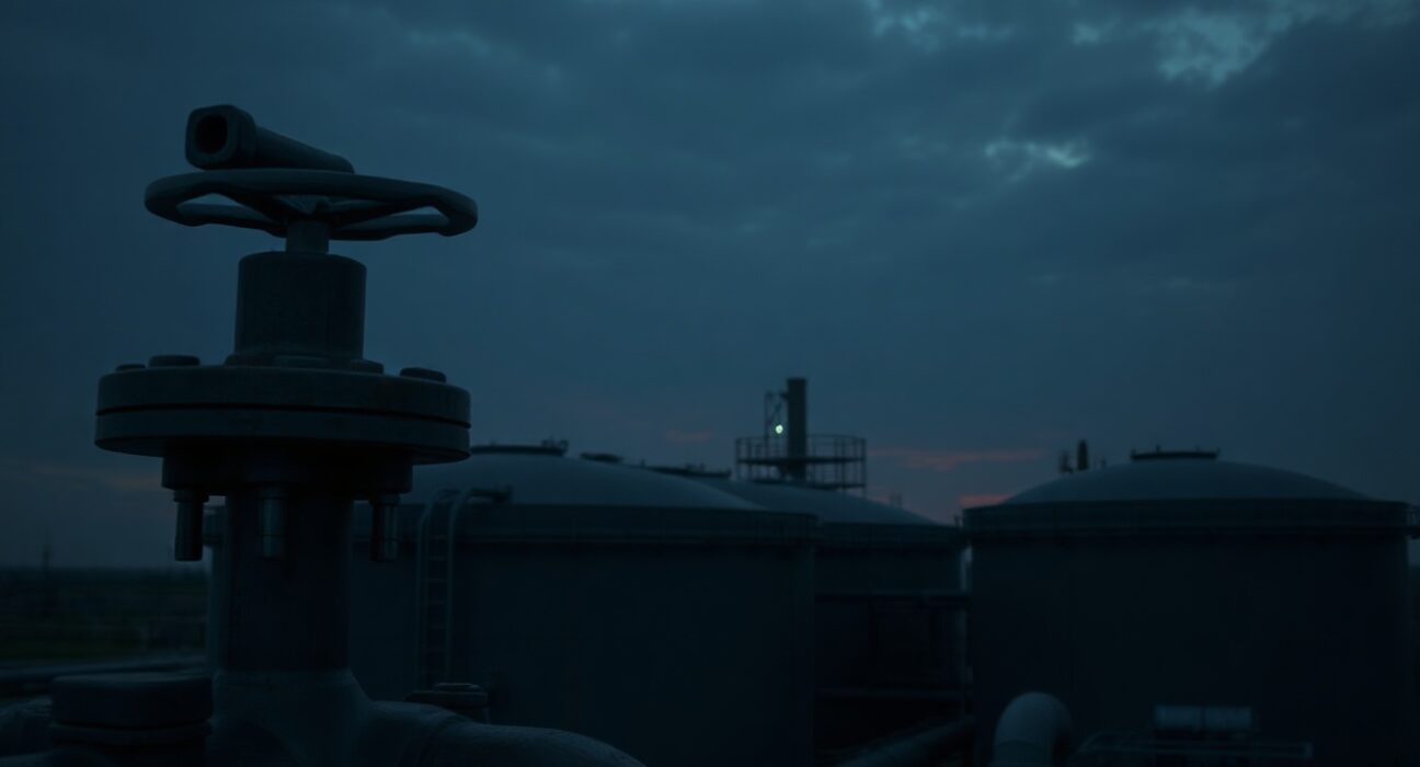 Oil storage tanks at twilight under overcast sky, symbolizing supply uncertainty.