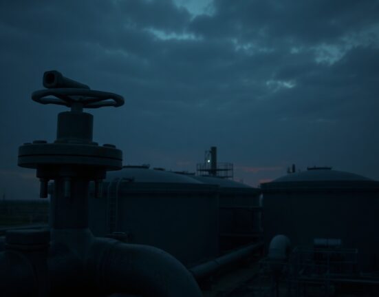 Oil storage tanks at twilight under overcast sky, symbolizing supply uncertainty.