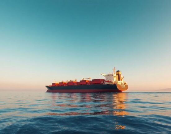 Oil tanker sailing in the Strait of Hormuz with calm seas and clear sky
