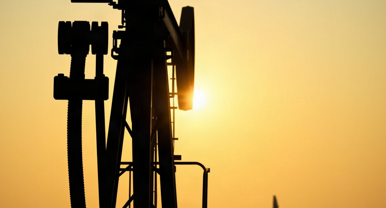 Oil pumpjack silhouette at sunset, representing crude oil supply and market dynamics.