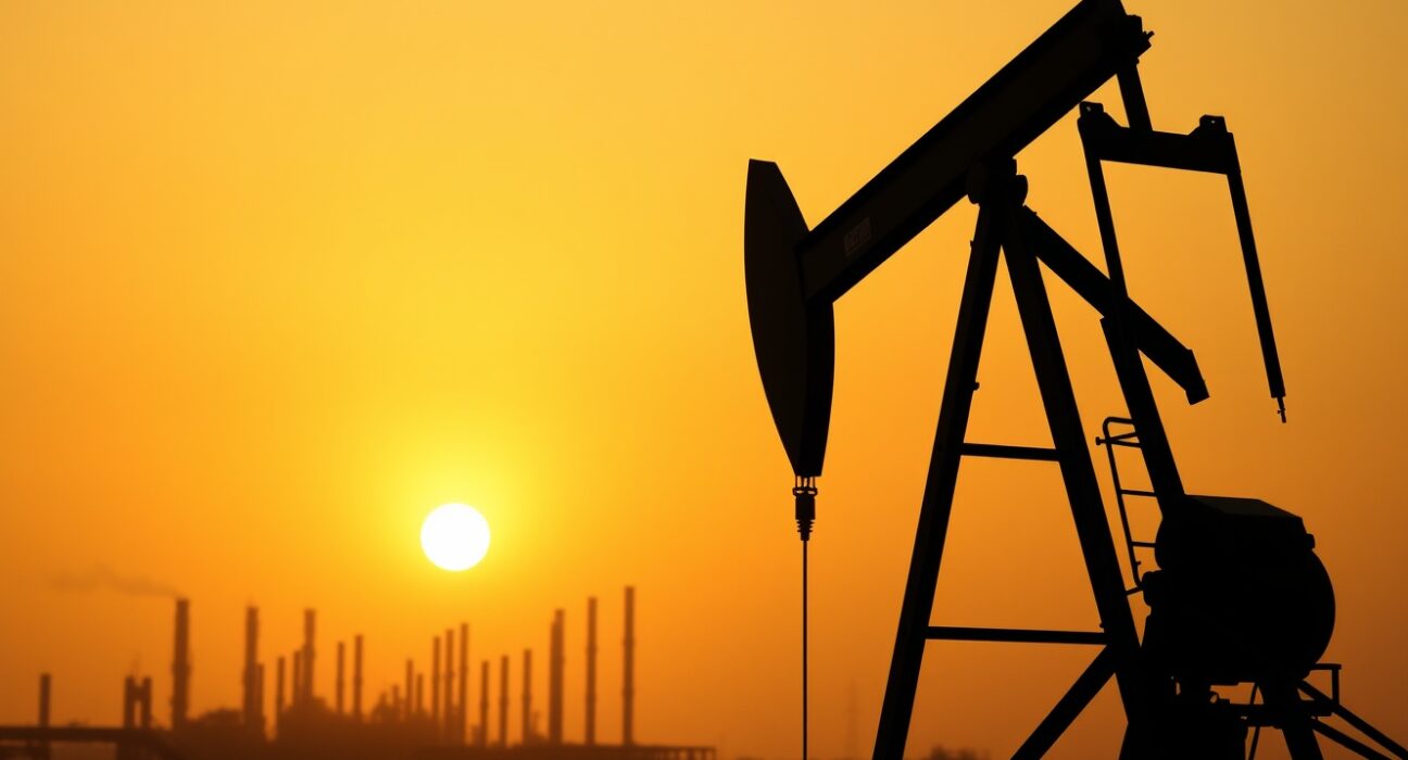 Oil pumpjack silhouetted against a sunset sky near a refinery