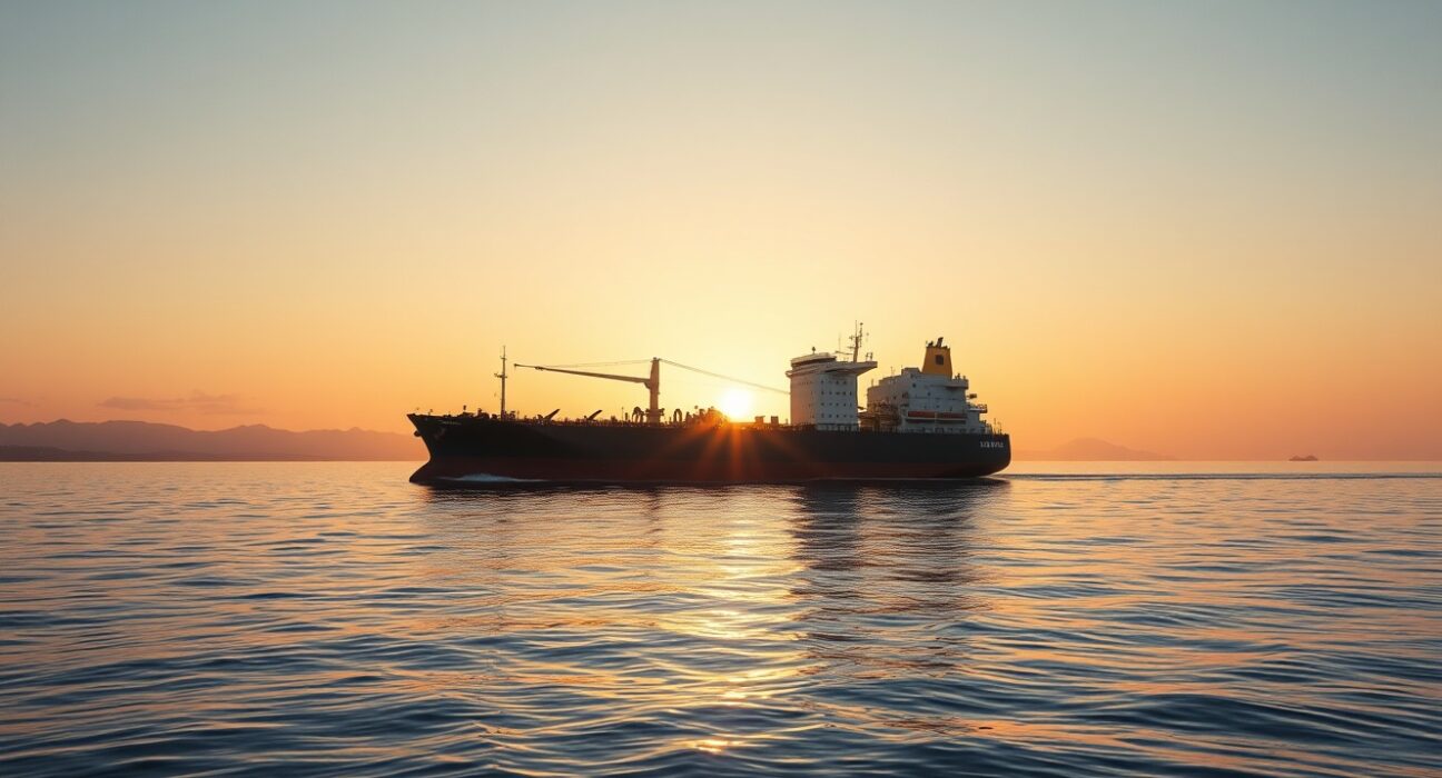 Oil tanker sailing through the Strait of Hormuz at sunrise, representing resumed crude oil flows.