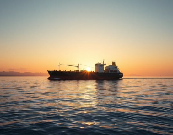 Oil tanker sailing through the Strait of Hormuz at sunrise, representing resumed crude oil flows.