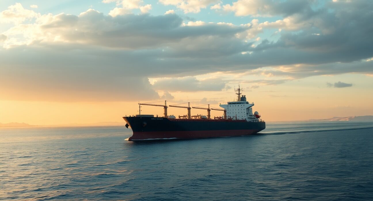 Oil tanker sailing through the Strait of Hormuz with Iranian coastline in background at sunset
