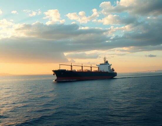 Oil tanker sailing through the Strait of Hormuz with Iranian coastline in background at sunset