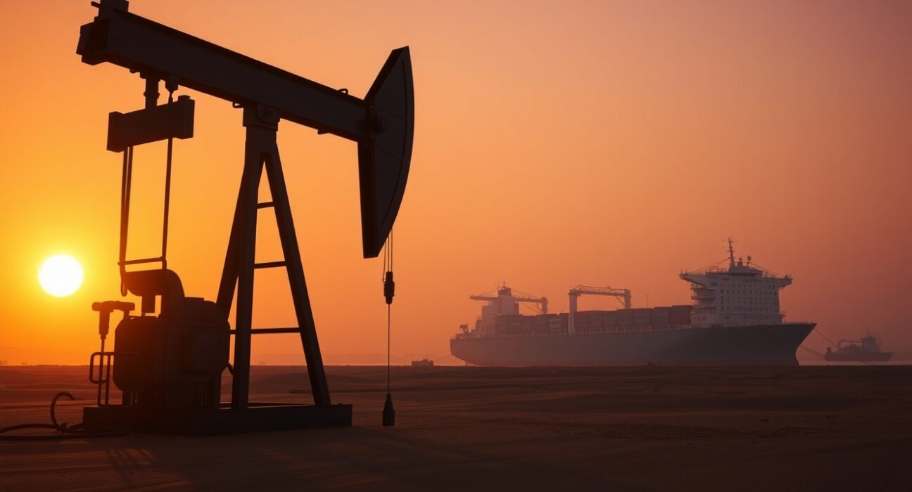 Oil pumpjack silhouette at sunset in Middle Eastern desert with cargo ship in port
