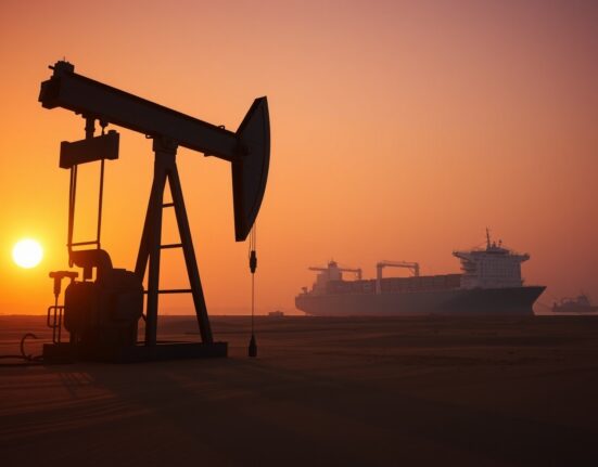 Oil pumpjack silhouette at sunset in Middle Eastern desert with cargo ship in port