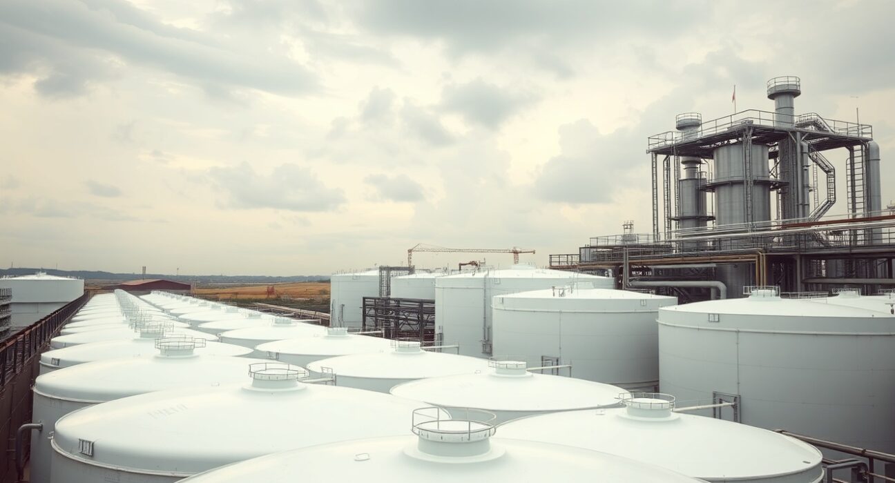 Oil storage tanks at a refinery under overcast sky, representing crude oil supply and market volatility.