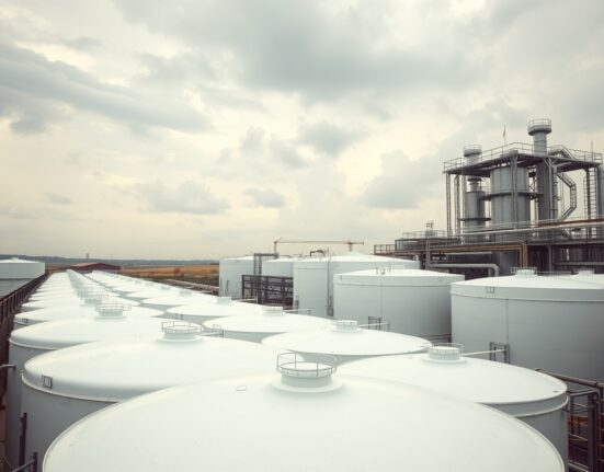 Oil storage tanks at a refinery under overcast sky, representing crude oil supply and market volatility.