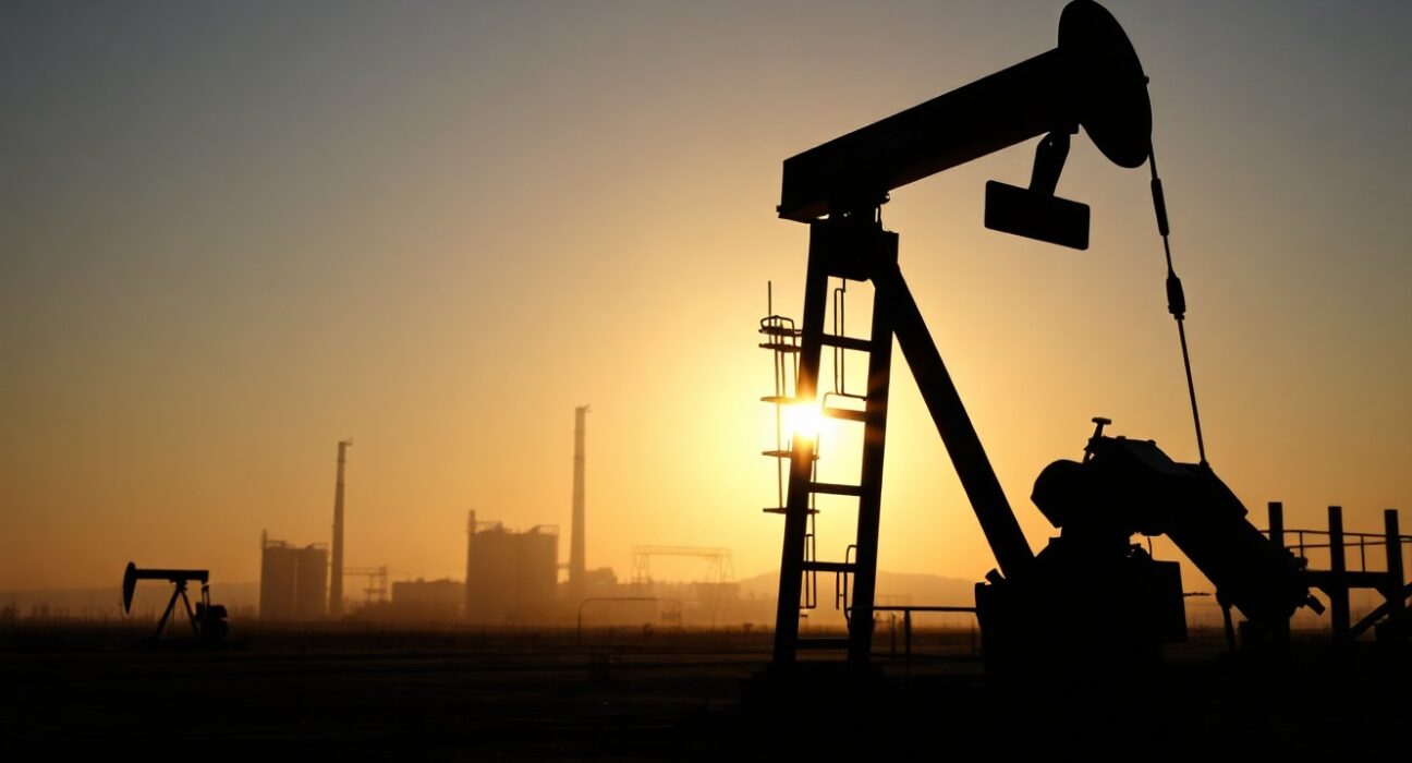 Crude oil pumpjack in an oil field at dawn, representing oil supply and market dynamics.
