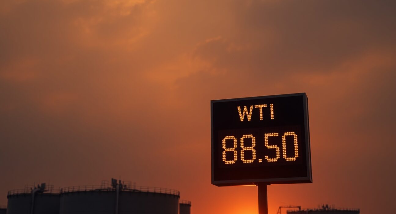 Oil storage tanks with WTI price display showing $82.50 at sunset