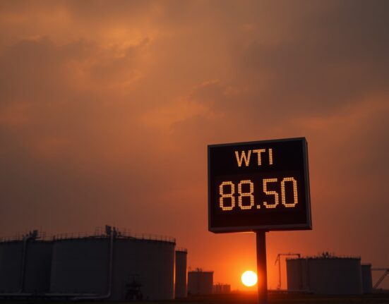 Oil storage tanks with WTI price display showing $82.50 at sunset