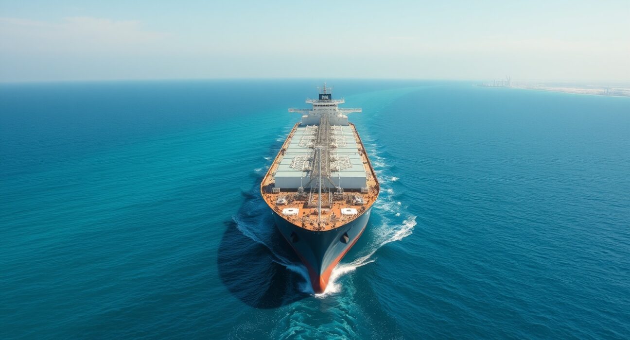 Oil tanker navigating the Strait of Hormuz under clear skies, symbolizing potential reopening and easing supply fears.