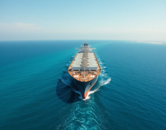 Oil tanker navigating the Strait of Hormuz under clear skies, symbolizing potential reopening and easing supply fears.