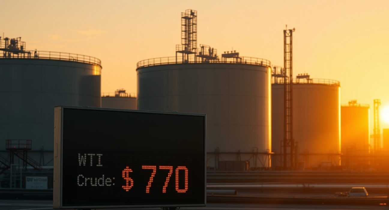 Oil storage tanks at sunset with WTI crude oil price ticker showing near $70 per barrel.