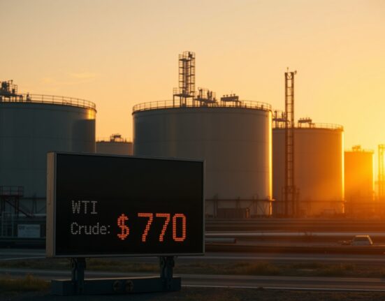 Oil storage tanks at sunset with WTI crude oil price ticker showing near $70 per barrel.