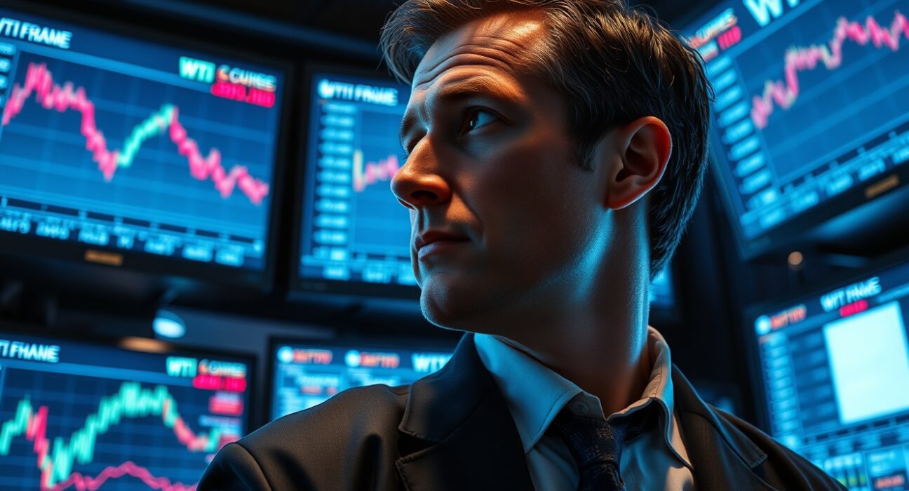 Trader monitoring WTI crude oil price charts amid US-Iran peace developments