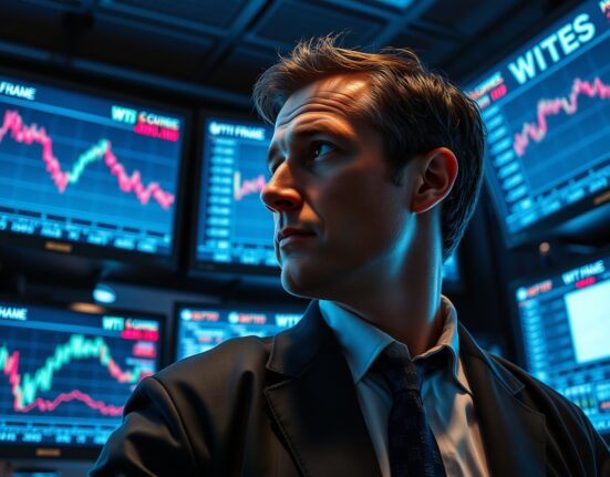Trader monitoring WTI crude oil price charts amid US-Iran peace developments