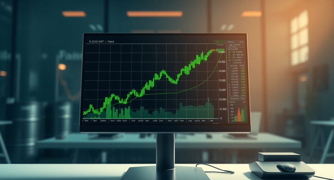 A trading desk monitor showing a financial chart for a WTI crude oil futures token long position.