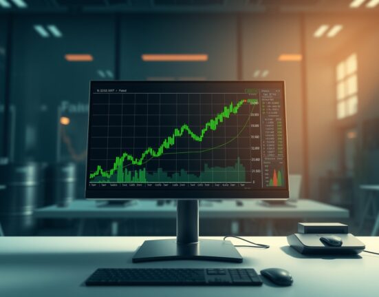 A trading desk monitor showing a financial chart for a WTI crude oil futures token long position.