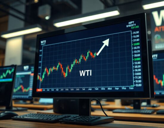 WTI crude oil price chart showing a gap and potential upward movement on a trading terminal