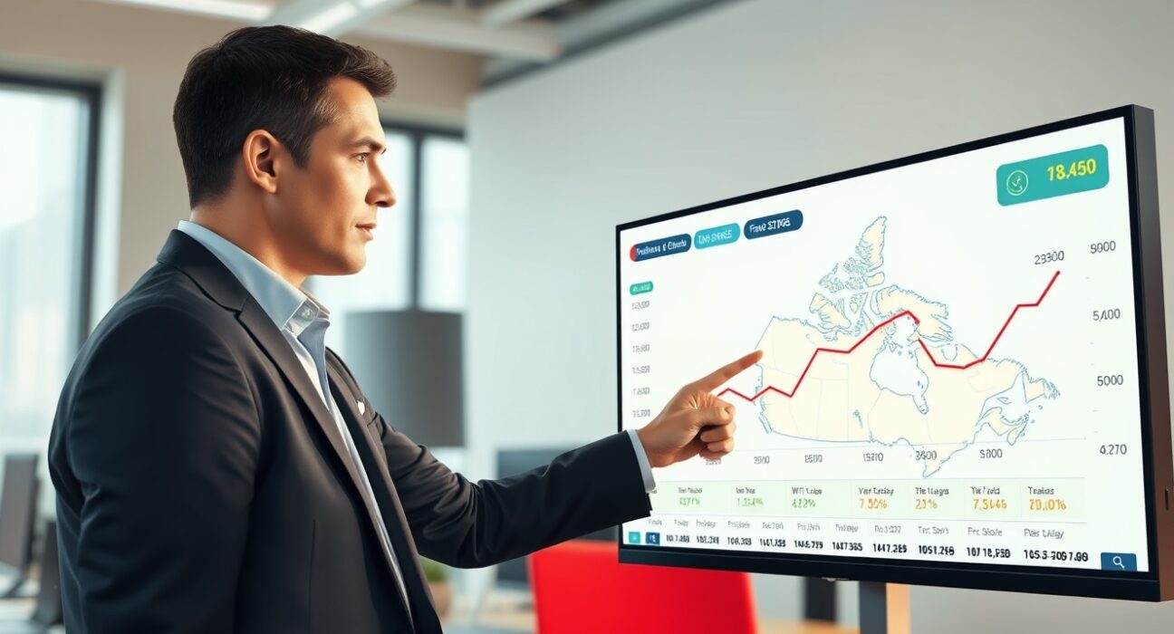 WTI crude oil price chart on screen with analyst pointing at upward trend, influencing BoC inflation forecasts