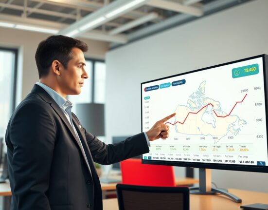 WTI crude oil price chart on screen with analyst pointing at upward trend, influencing BoC inflation forecasts