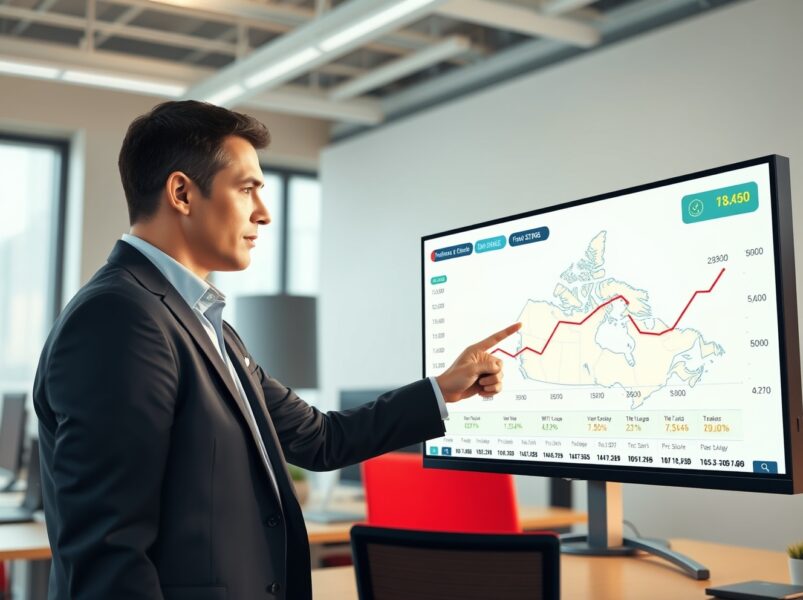 WTI crude oil price chart on screen with analyst pointing at upward trend, influencing BoC inflation forecasts