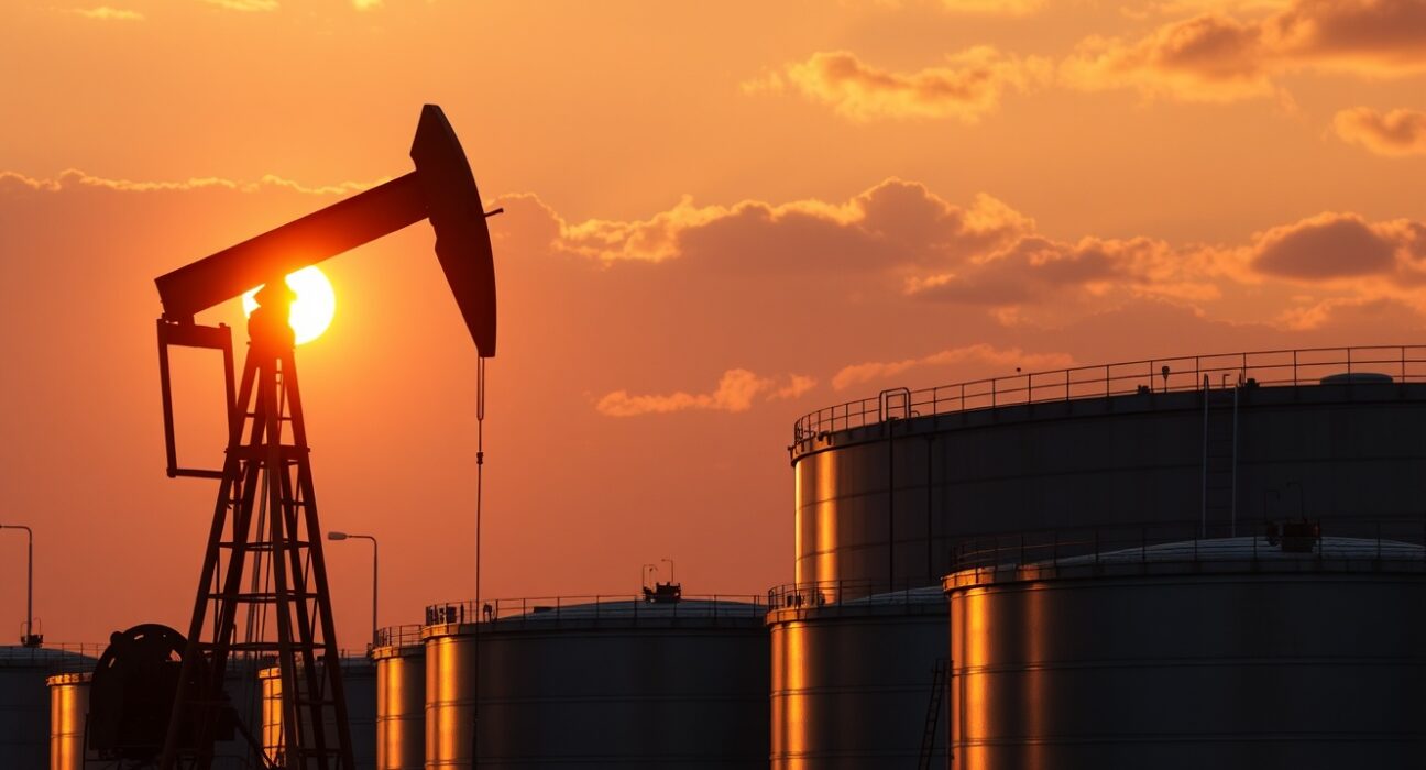 Crude oil storage tanks and a pumpjack at sunset, representing steady WTI prices above $102 amid geopolitical tensions.