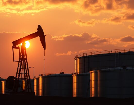Crude oil storage tanks and a pumpjack at sunset, representing steady WTI prices above $102 amid geopolitical tensions.