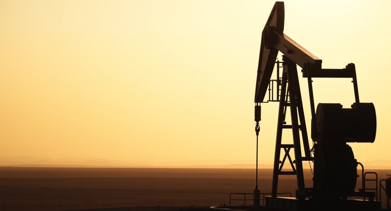 Oil pumpjack silhouetted against a hazy sky, representing WTI crude oil price movements amid geopolitical tensions.